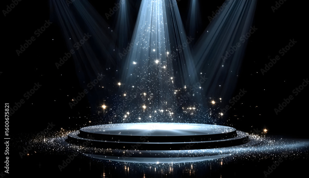 Poster a mesmerizing spotlight effect illuminates a circular stage, surrounded by shimmering particles, cre