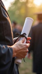 A graduate proudly holds their diploma.