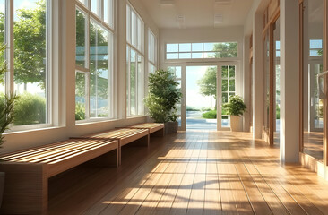Obraz premium Bright and airy hallway with wooden benches and large windows, creating a serene atmosphere filled with natural light and greenery.