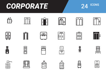 Corporate Icon Collection: A comprehensive set of 24 black and white icons, meticulously crafted to represent essential elements of a corporate environment. Includes elevator, water cooler, dispenser.