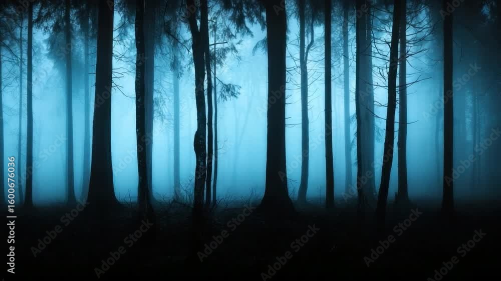Poster mysterious forest with fog and tall trees creating a haunting atmosphere in blue tones under moonlig