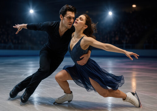 Figure skating duo performing elegant lift on ice under dramatic arena lights. Concept of winter sport, grace, trust, athletic expression, performance and competition.
