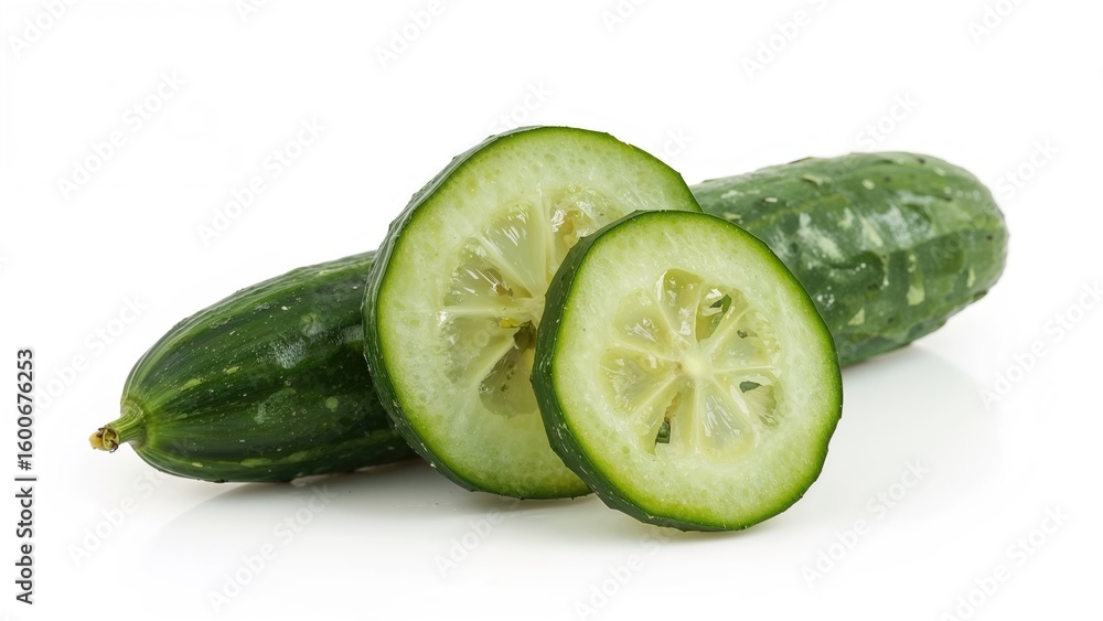 Poster cut cucumber segments isolated on a white background with comprehensive depth of field