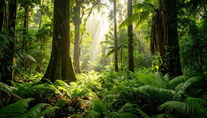 Fototapeta premium Morning light in a green forest landscape