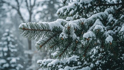 Fir tree limb blanketed in snow during winter