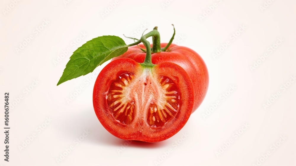 Poster whole tomato and tomato slices displayed separately on a white surface with shadows