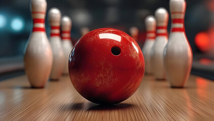 A vibrant red bowling ball ready to roll down the lane, surrounded by white bowling pins, showcasing the excitement of a fun game of bowling.