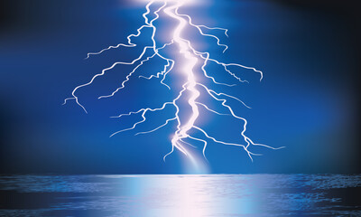  Bright Lightning Strike Over Ocean Under Blue Storm Sky