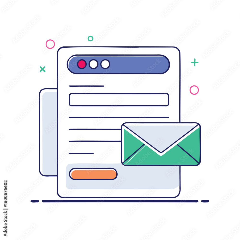 Aufkleber illustration of a web form with an envelope icon representing email communication isolated on white 