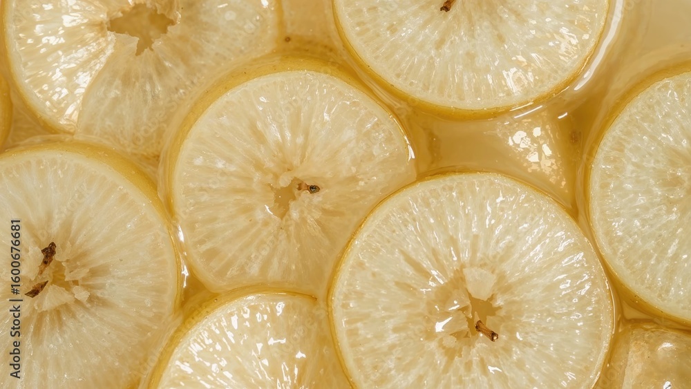 Poster sweet pear wedges boiled with sugar to create pie filling or preserve as jam. close-up showing slice