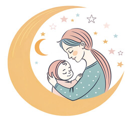 Moonlit Embrace: A tender illustration of a mother lovingly cradling her baby under the gentle glow of a crescent moon, evoking the serene bond of motherhood amidst a starry night sky.