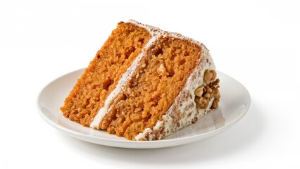 Piece of carrot cake displayed on a plain white surface