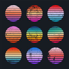 Grunge vintage colorful sunset. Striped gradient sunrise badges in 80s and 90s style. Sun and ocean view, summer vibes, surfing. Design element for print, logo or t-shirt. Vector illustration