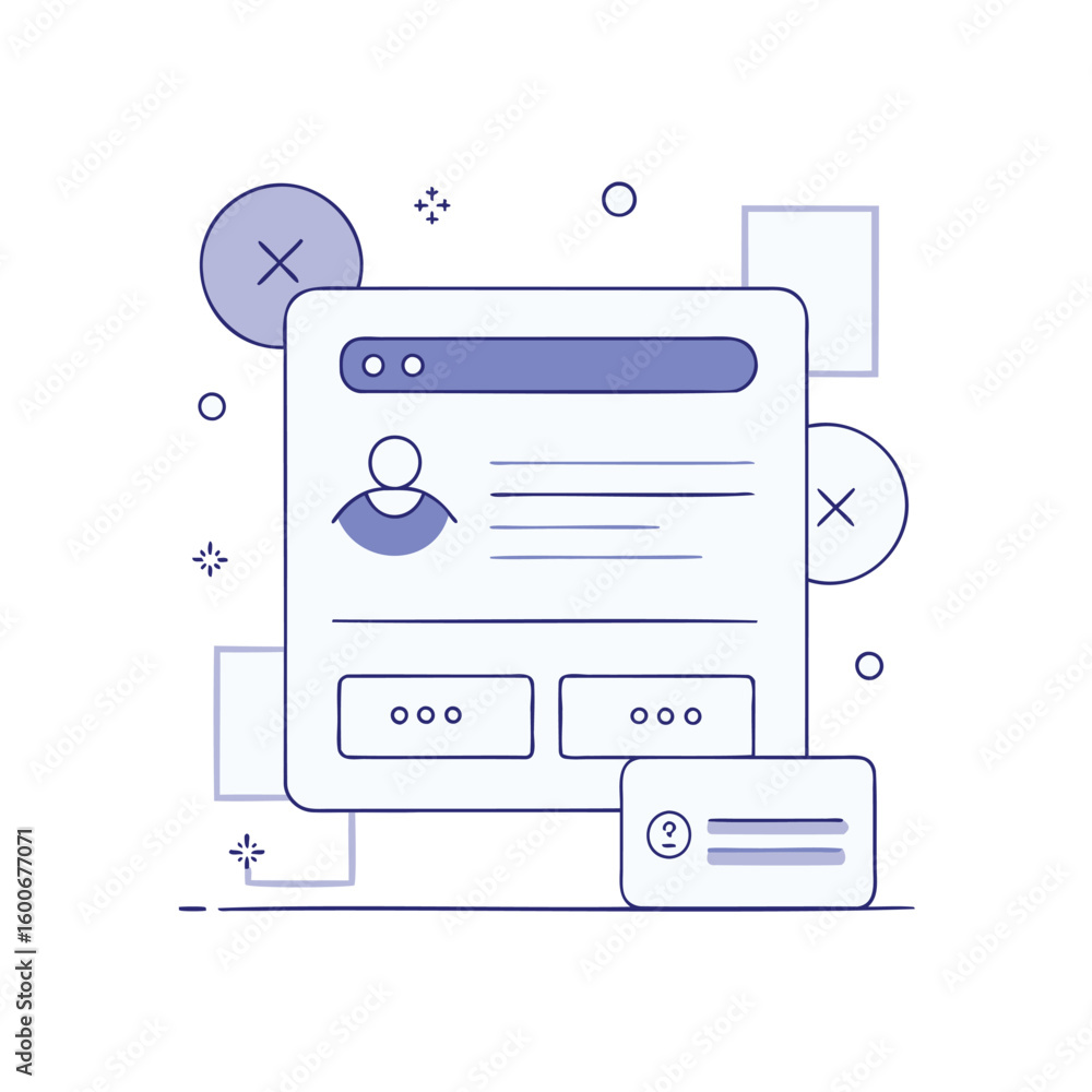 Poster abstract illustration of a user interface profile card with digital elements isolated on white backg
