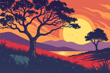 African savanna landscape with trees and a large sun at sunset