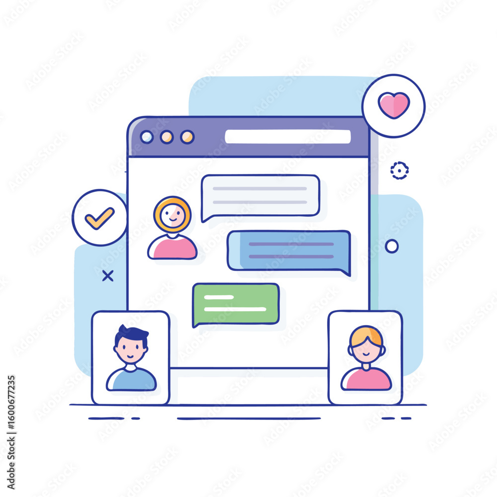 Poster modern flat design illustration of a chat interface with user avatars and message bubbles isolated o