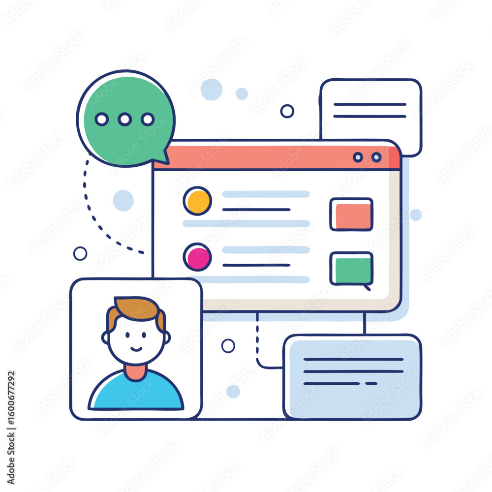 Poster illustration of a user profile and chat interface elements isolated on white background