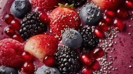 Closeup of a vibrant smoothie bowl featuring an assortment of juicy berries and a sprinkle of Ashwagandha powder highlighting the fusion of superfoods in a visually appealing arrangement