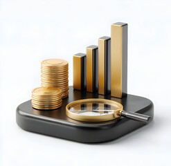 A modern financial concept featuring stacks of coins and rising bars symbolizing growth, with a magnifying glass highlighting insightful analysis.
