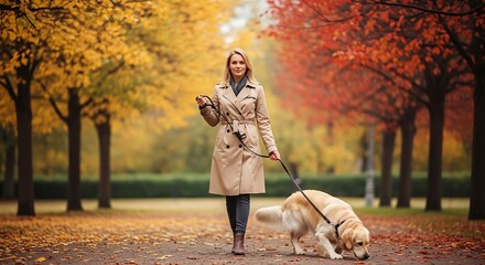A stylish woman enjoys a peaceful autumn walk with her Golden Retriever in a colorful park alley.