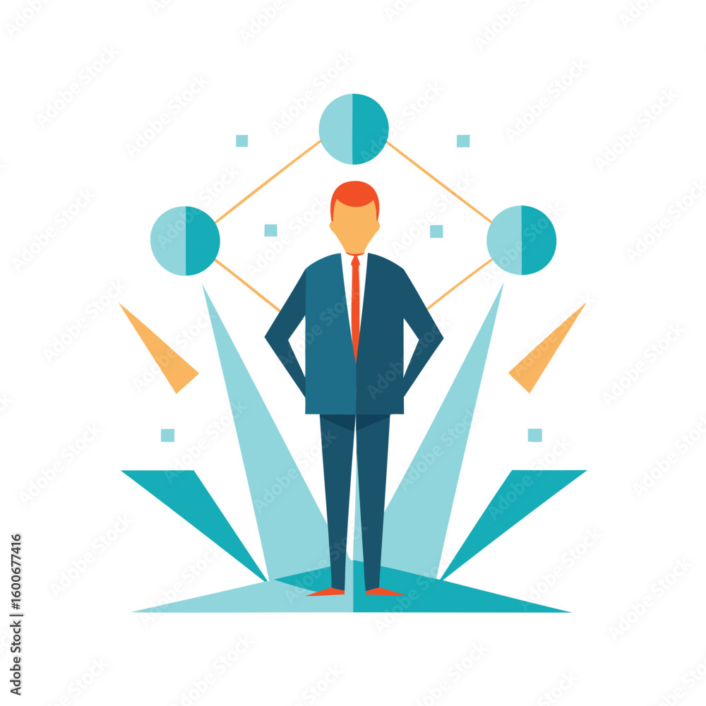 Poster businessman juggling multiple tasks and opportunities with a network of ideas isolated on white back