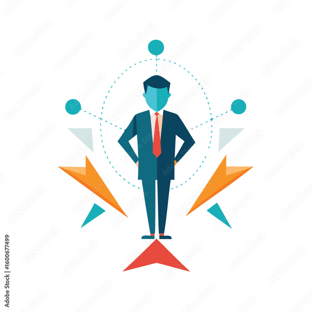 Poster business professional confidently managing multiple tasks and projects with arrows and circles isola