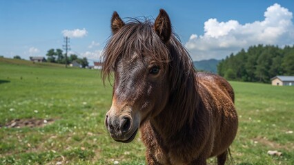 Fototapeta premium Tiny horse grazing on elevated farmland