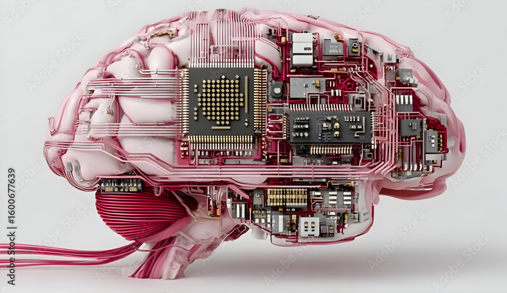 Poster an abstract representation of a brain intertwined with electronic circuits, symbolizing the fusion o