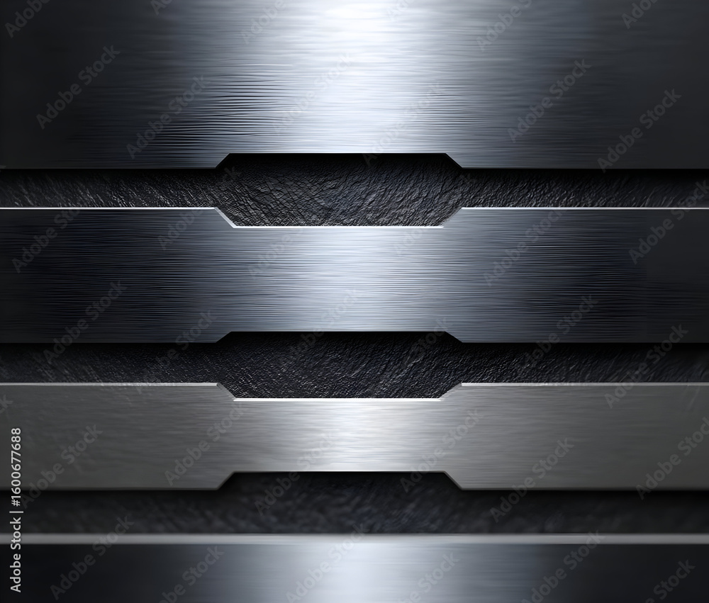 Poster a close-up view of metallic surfaces showcasing sleek layers with reflective patterns, ideal for ill
