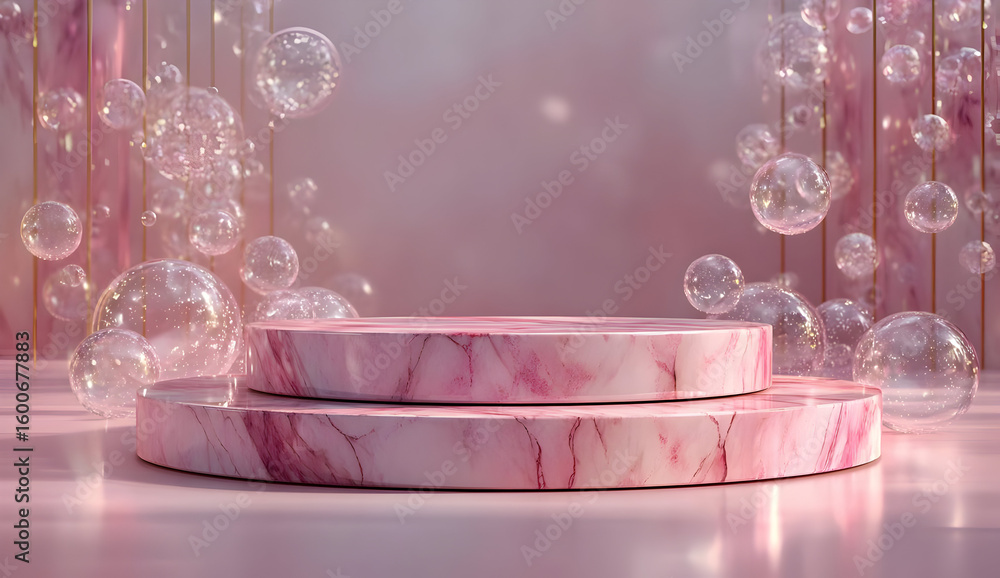 Poster a serene display featuring pink marble podiums surrounded by floating bubbles, creating a dreamy and