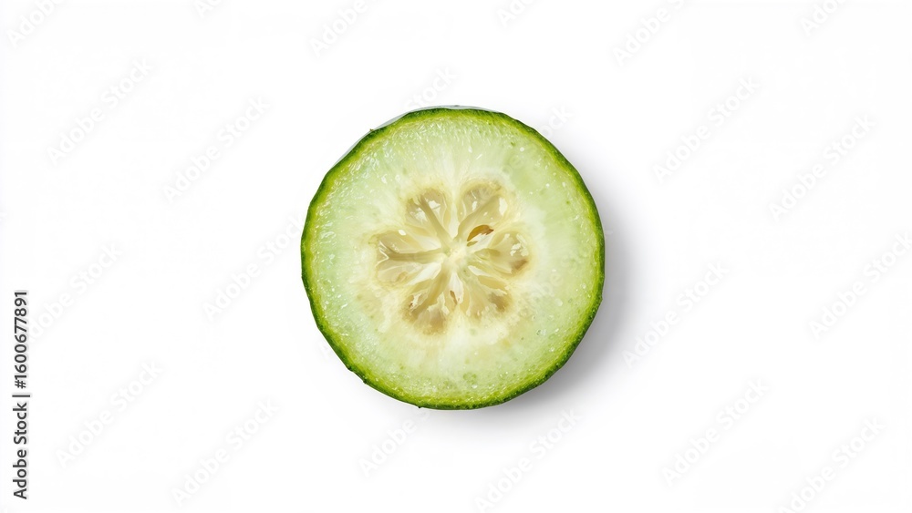 Poster flat lay of cucumber slices isolated on white background with clipping path and full depth of field,