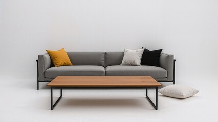 Contemporary industrial living space showcasing a wooden table in front of a gray couch with vibrant yellow and black cushions
