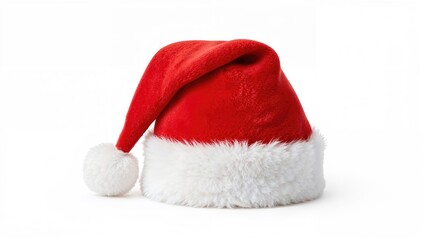 Red Santa Claus hat with white fur trim isolated on a bright white background for holiday and festive themed designs