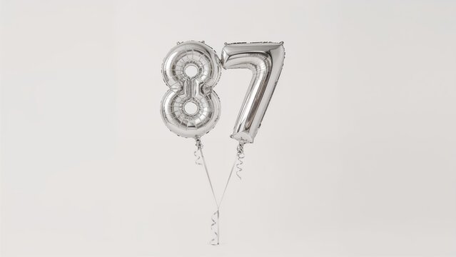 Silver metallic 87 balloon with silver ribbon displayed on a white background