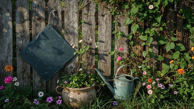 Slate board attached to a garden fence with flowers