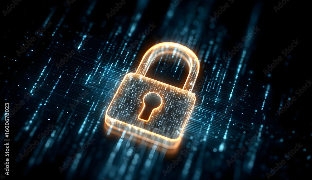 Poster a digital lock symbol illuminated against a shimmering background, representing cybersecurity and da