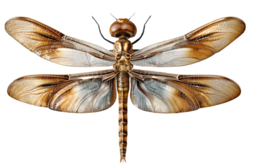 Detailed macro shot of a metallic dragonfly against a stark transparent background