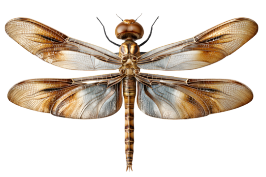 Detailed macro shot of a metallic dragonfly against a stark transparent background