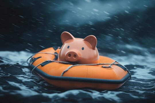 Pink piggy bank floating in orange life raft on stormy water during financial crisis
