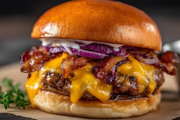 Indulge in this mouthwatering gourmet bacon cheeseburger, perfectly crafted with melted cheddar, crispy bacon, and fresh red onions.