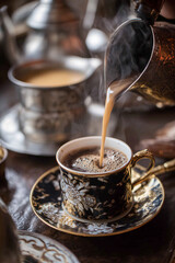  shows pouring coffee from an ornate silver and black Turkish cezve into the cup, with steam rising off of it. The background is blurred to focus on that scene