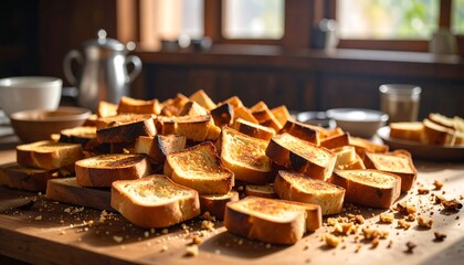Fototapeta premium Toasted bread slices piled high on a table