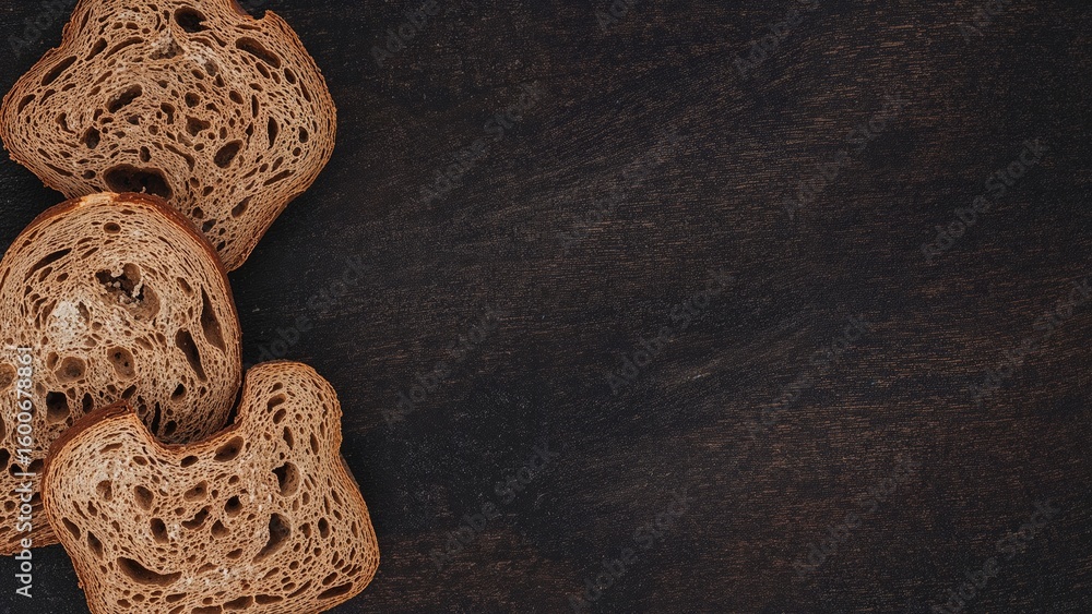 Poster slicing toasted wheat bread on a rustic dark wooden table with ample copy space.