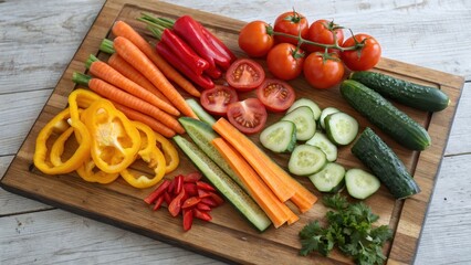Fresh Colorful Assortment of Sliced Vegetables on Wooden Board