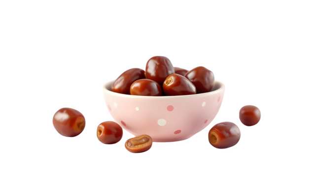 Red Dates in Polka Dot Bowl, isolated on white background