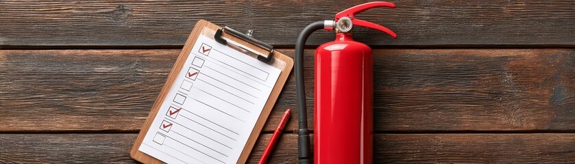 Top view of fire extinguisher, smoke detector, and safety checklist on wooden table, Fire Prevention Month, photorealistic, copy space center