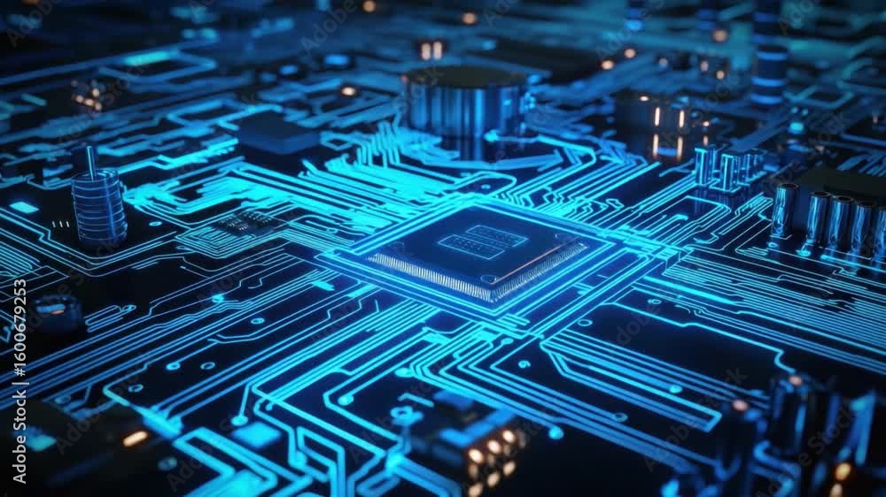 Poster blue circuit board with microchip illuminated by neon lights in high-tech digital environment 4k vid