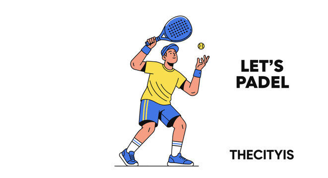 Let's play Padel tennis match stylized illustration of a man about to serve