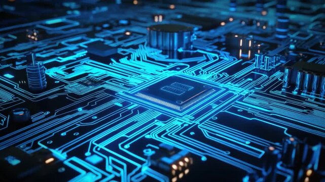 Blue Circuit Board with Microchip Illuminated by Neon Lights in High-Tech Digital Environment 4k video footage