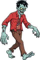Scary cartoon zombie character walking, undead monster with red shirt, Halloween horror illustration, creepy Halloween costume design, spooky zombie clipart